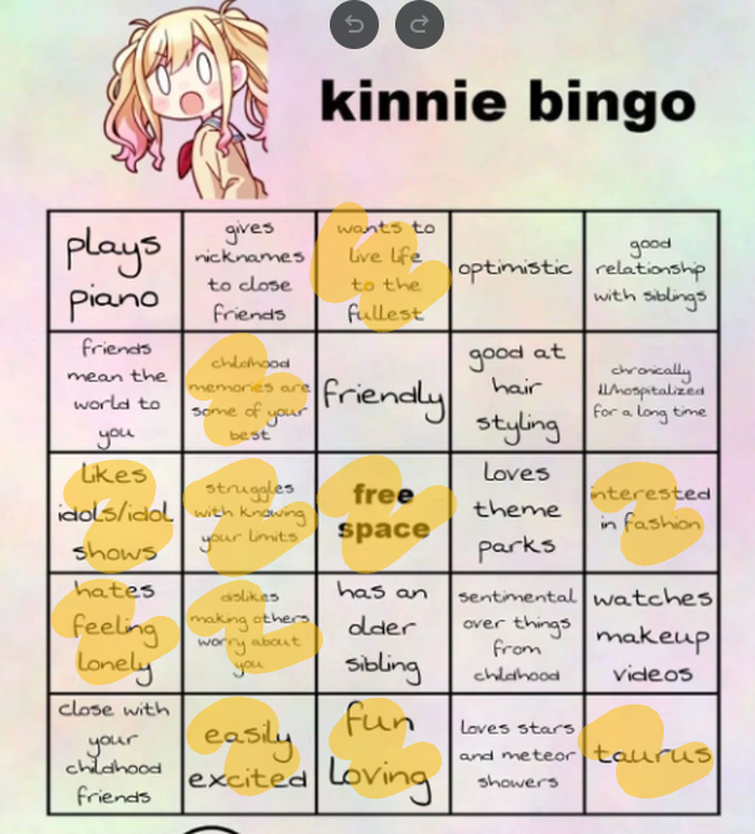 kinnie bingo for my favorite characters (couldn't find one for airi or ...