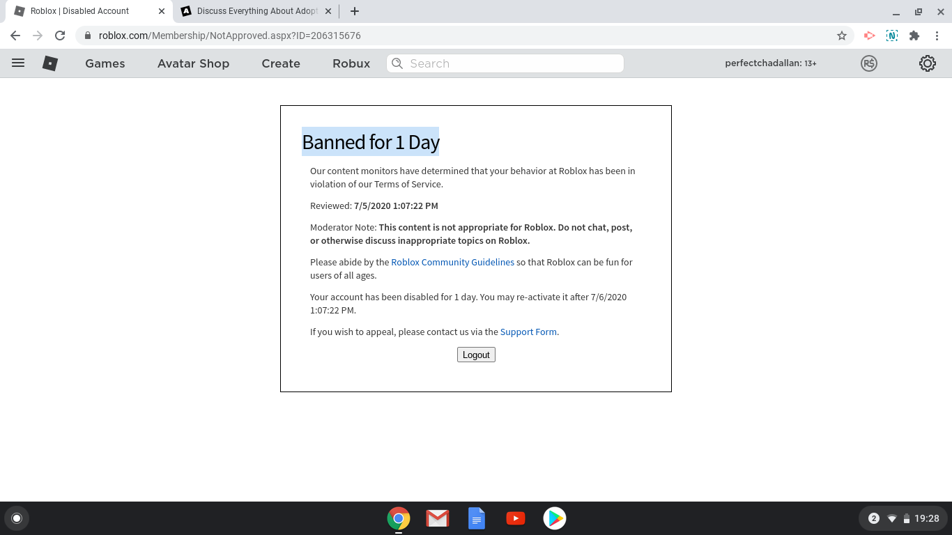 My roblox account has been disabled for a day.