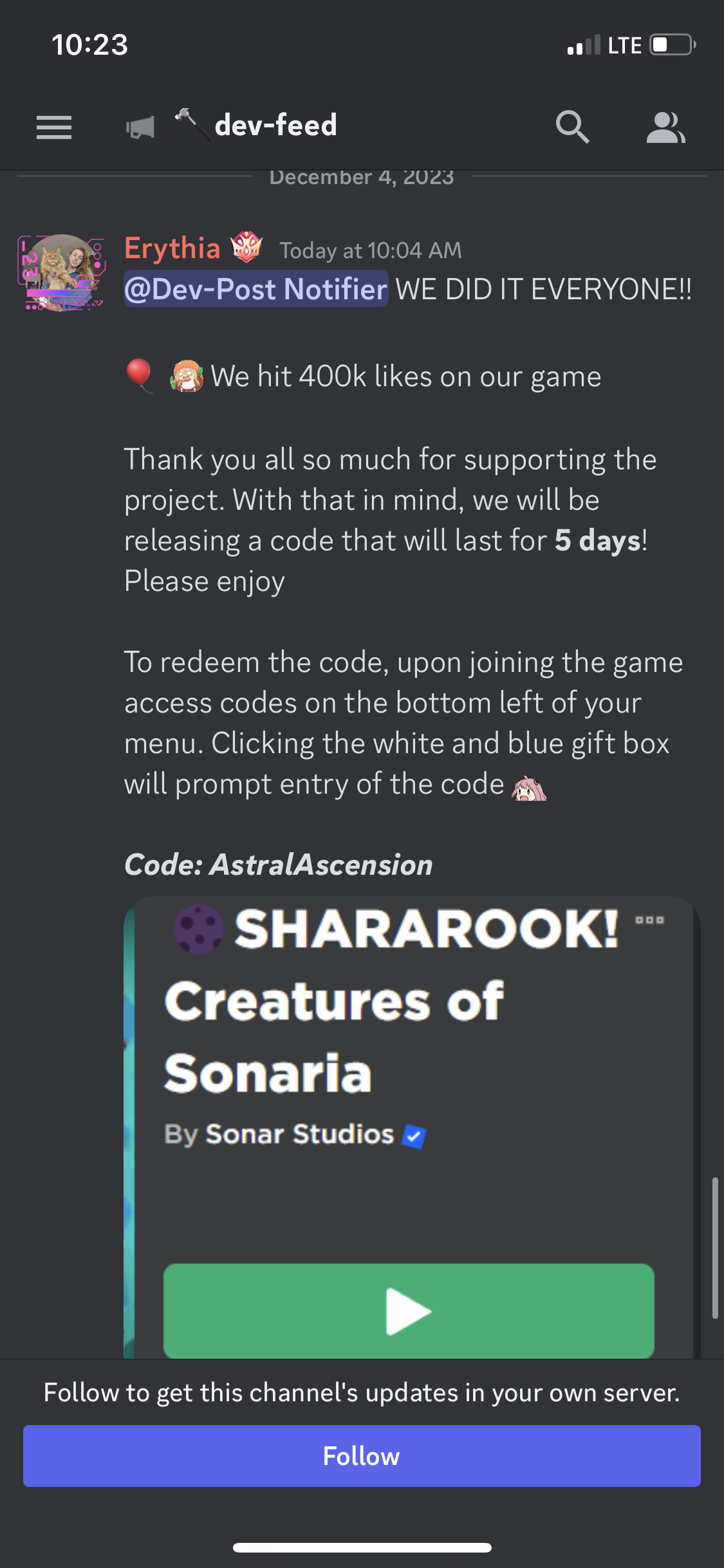 Creatures of Sonaria codes for December 2023