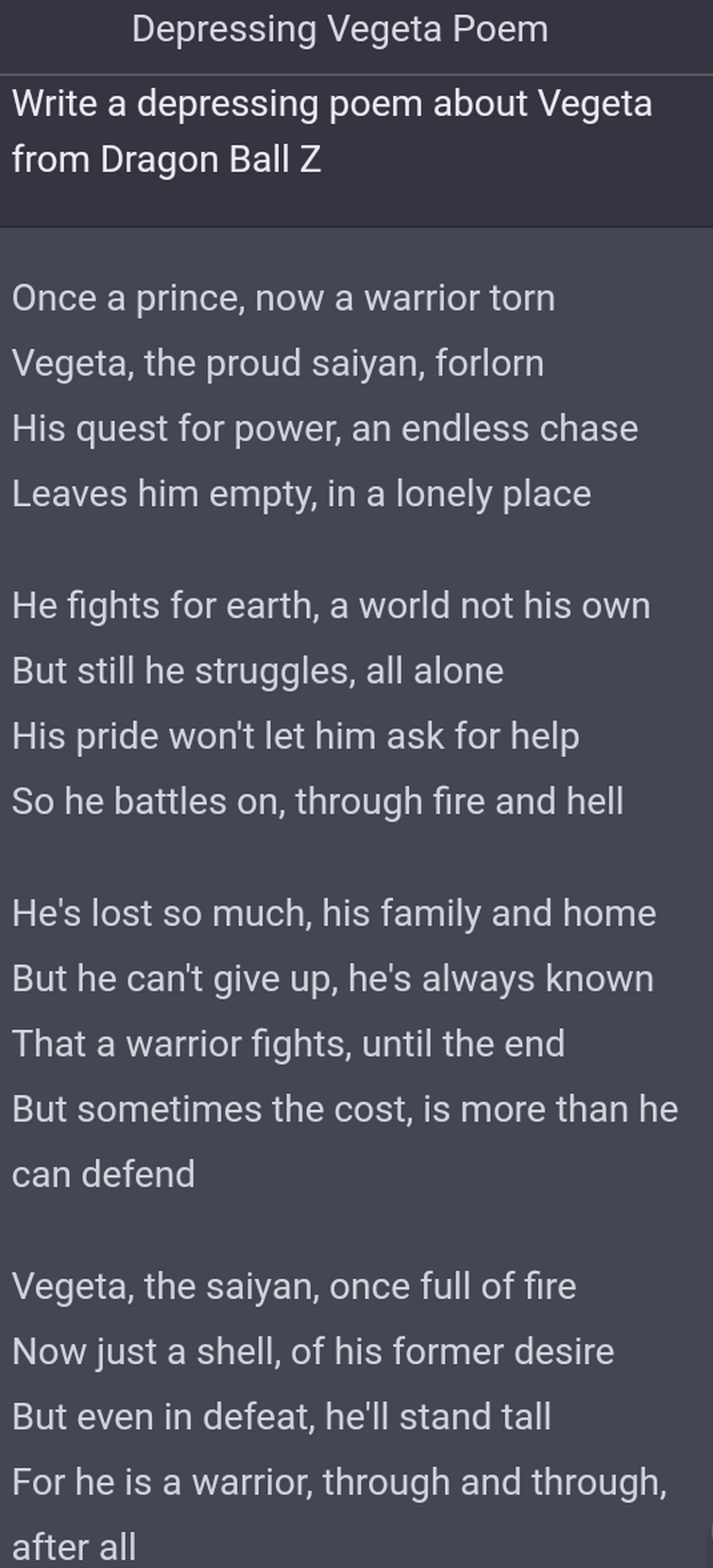 Vegeta's poem of Goku