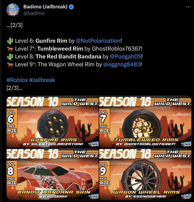 Jailbreak - 🎉 Hey everybody! Here are the #Jailbreak Season 3 rewards! 🎉  🔥 LVL05: Nitro + 10,000 cash! 🔥 LVL10: Season 3 Tires, color coded! 🔥  LVL20: New Wheels for both
