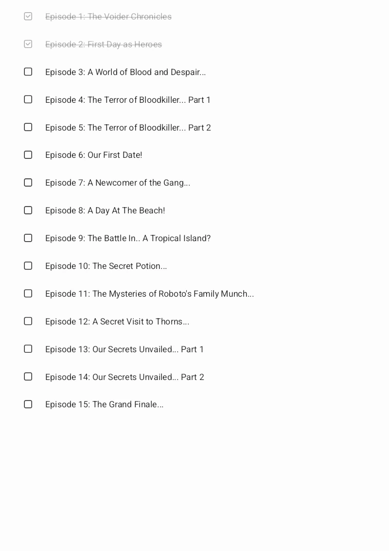 Alright! Here's the list of confirmed episodes of Voider's Adventures ...