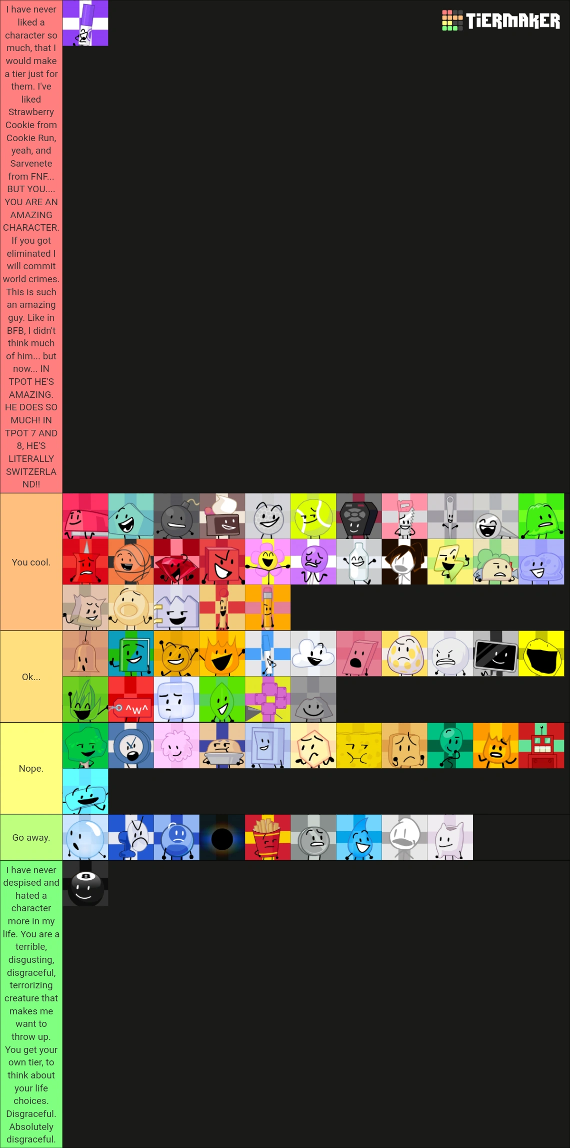 Updated tier list (In order) evil leafy woops, she goes between
