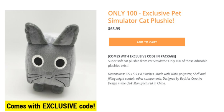 Tabby Cat Plushie Roblox. Official Pet Simulator plushies codes.