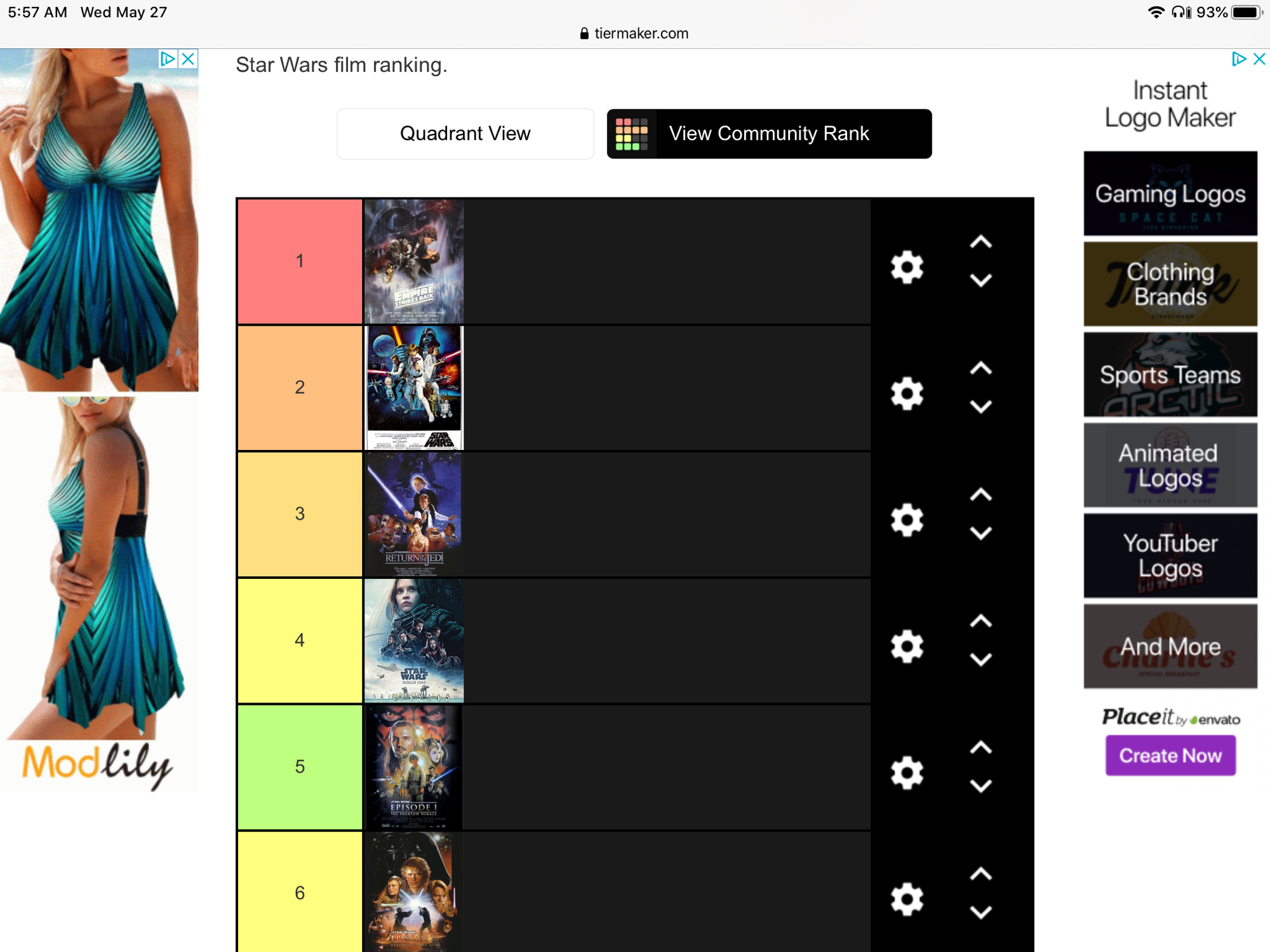 My Star Wars Movie Tier List Fandom