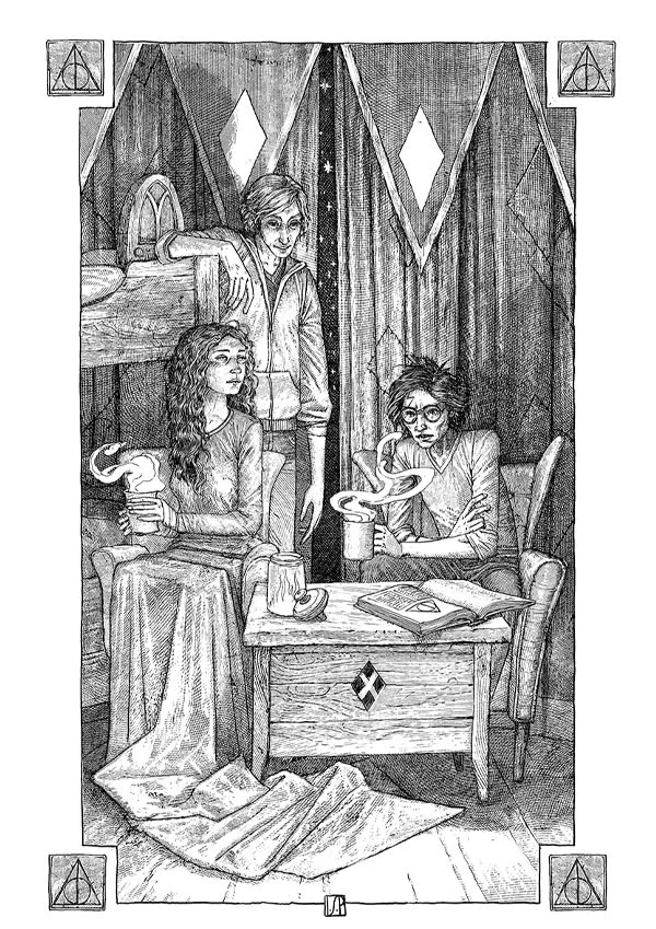 Trio on horcrux hunt. Art by Levi Pinfold | Fandom