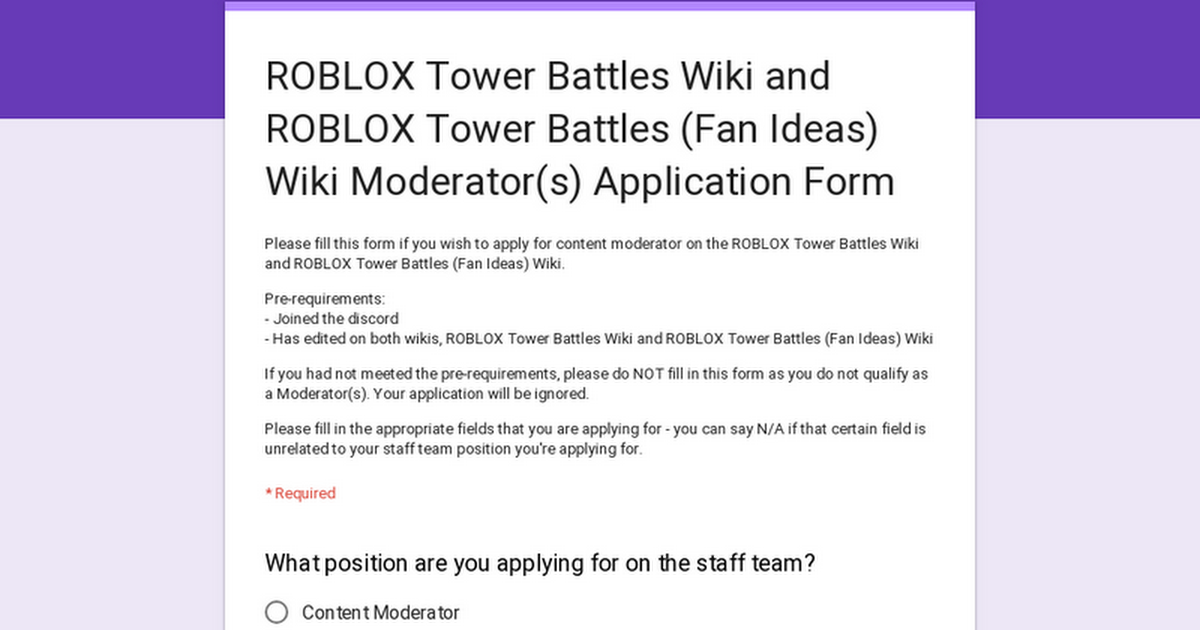 Looking For New Staff Fandom - roblox application form