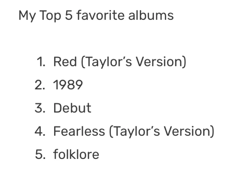 My Updated version of my top 5 favorite albums from Taylor Swift (on my