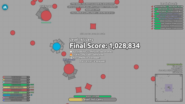 Woomy.arras.io 1m, just now. Only took 16 minutes with the Machine