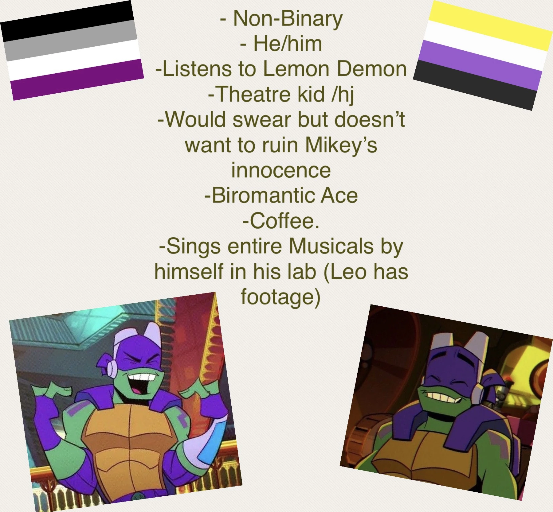 *throws Donnie headcanons at you* Fandom