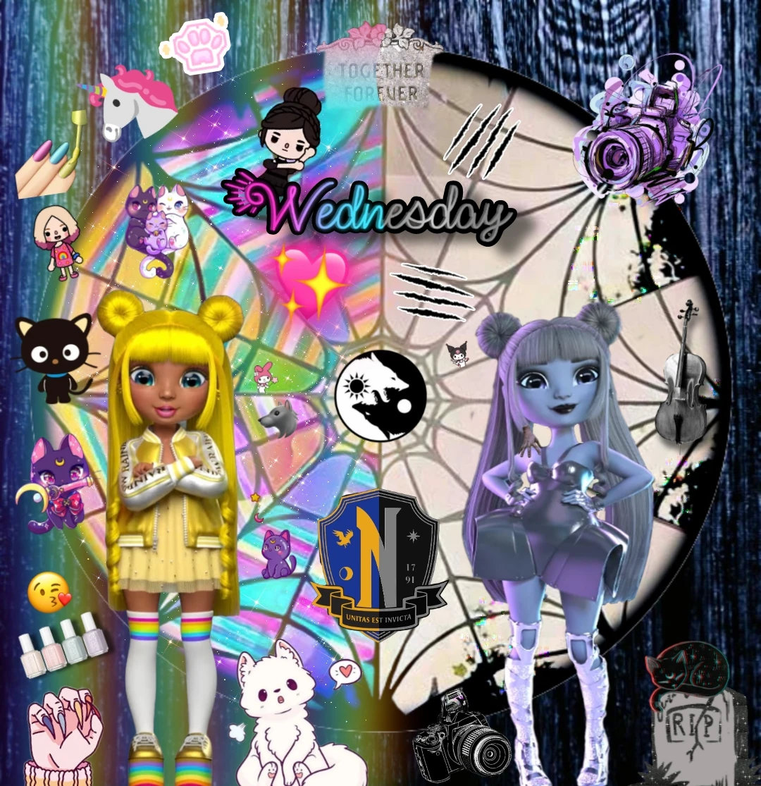 Sunny and Luna as Enid Sinclair and Wednesday Addams fan art 🌈🐺🖤🎻 Fandom