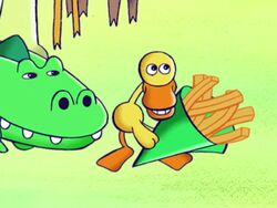 Doris with a sack of the Mogo Chips.