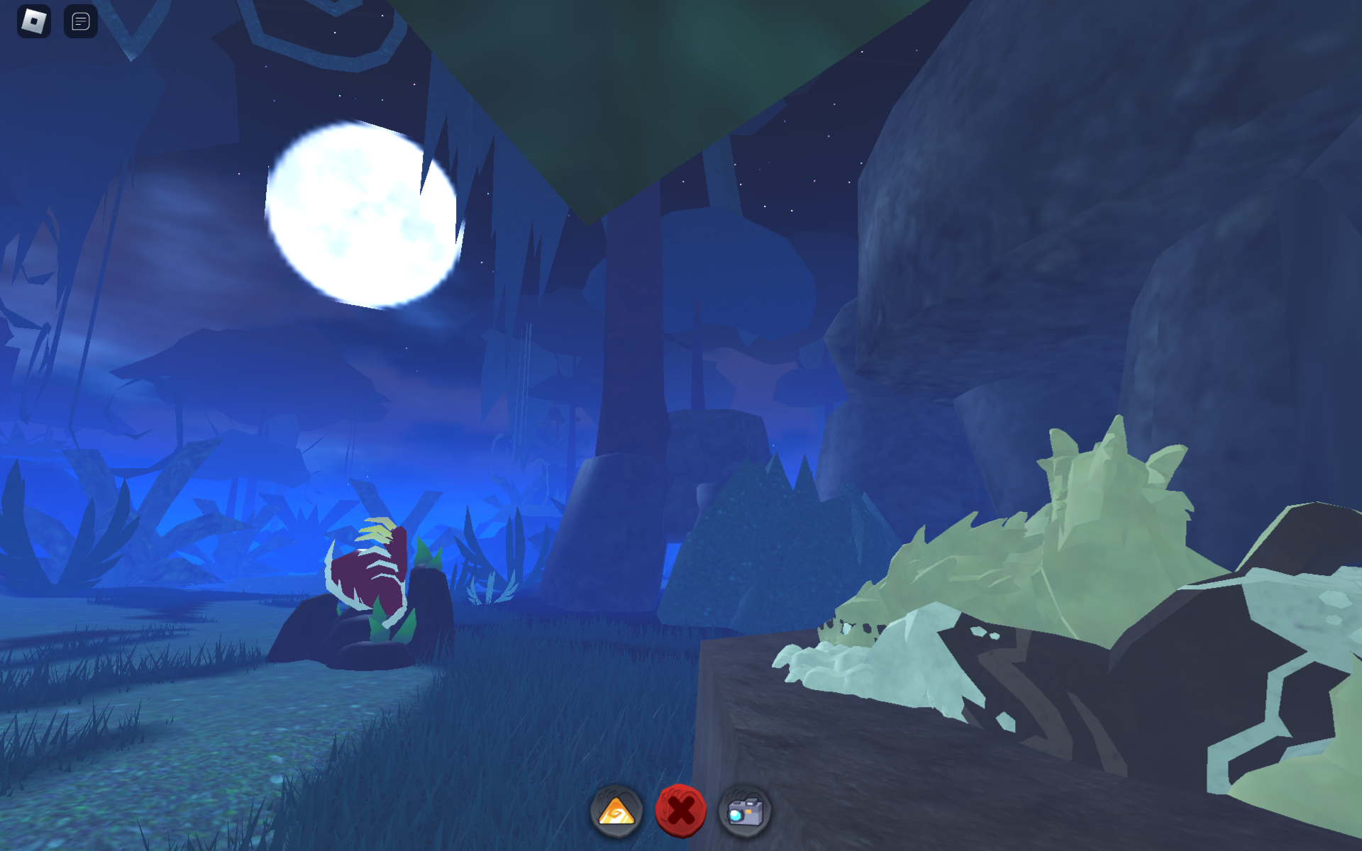 Detailed game icon with two roblox avatars in a moonlit forest