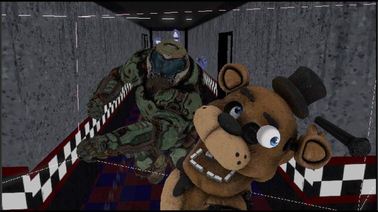 Doom Slayer got transported somehow to the fanf security breach universe.  What would Doom Slayer do to the animatronics that were trying to kill  Gregory and would he leave Freddy alone? 