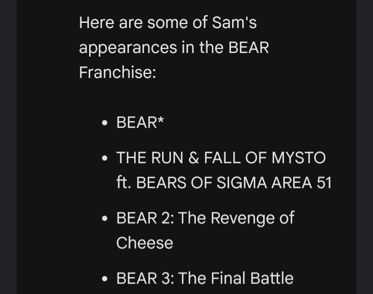 asked ai what were sam's appearances in bear and... | Fandom
