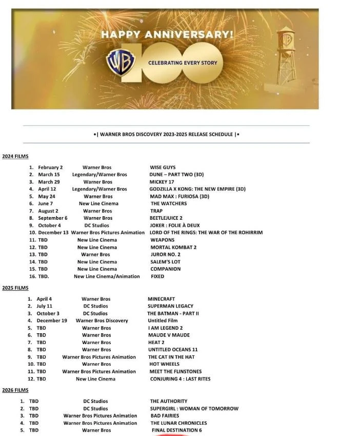 Warner Bros has released a schedule of films from 20242026. Inculdes