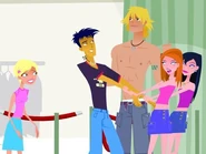 A Greeter God and two Goddesses grab Jonesy against his will.