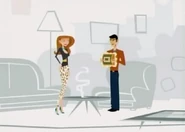 Jeff showing a throw pillow to Yummy Mummy.