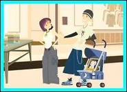 Nikki and Jude, with his baby picture Little Dude in a carriage.