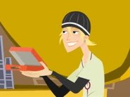 Jude sharing his Mushroom pizza stick-its to Caitlin.