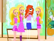 The Clones, dressed up as Barbies, dressing a skeleton as a shopper.