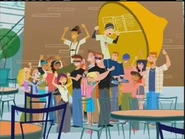 A crowd cheering Ron's resignation.