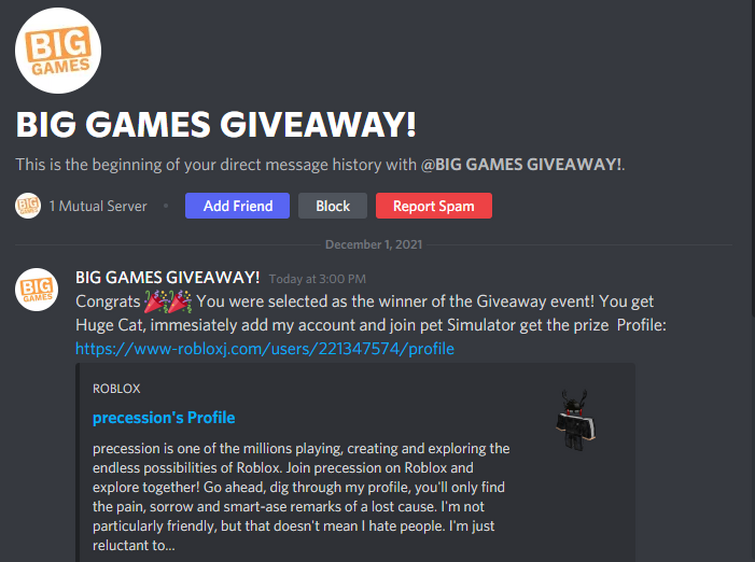 You were selected as the winner of the June event Roblox/Discord