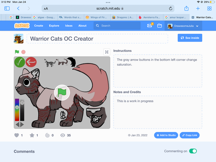 Gallery of Warrior Cat projects on Scratch website