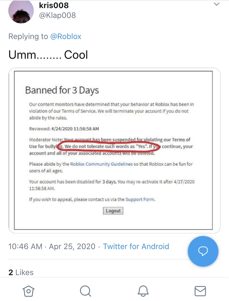 Roblox Moderation At Its Finest Fandom - roblox banned 2020