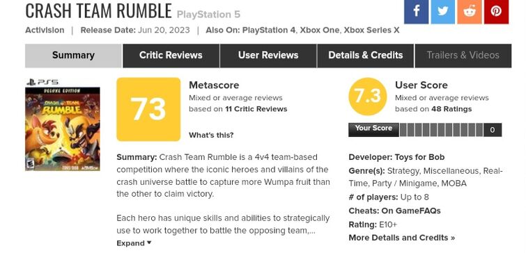 Crash Team Rumble's current Metacritic score. Thoughts? : r/crashbandicoot