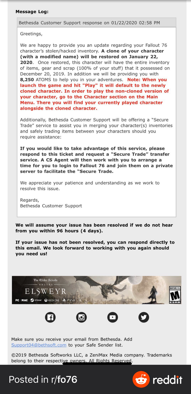 Bethesda&rsquo;s response to someone that was hacked. And it&rsquo;s a pretty 