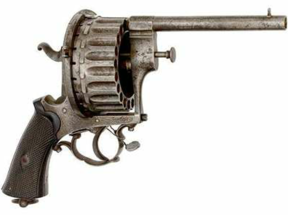 Спорим она вместит револьвер. Цепной револьвер Джосселина. Револьвер 1864. Револьвер Наган Смирнского.