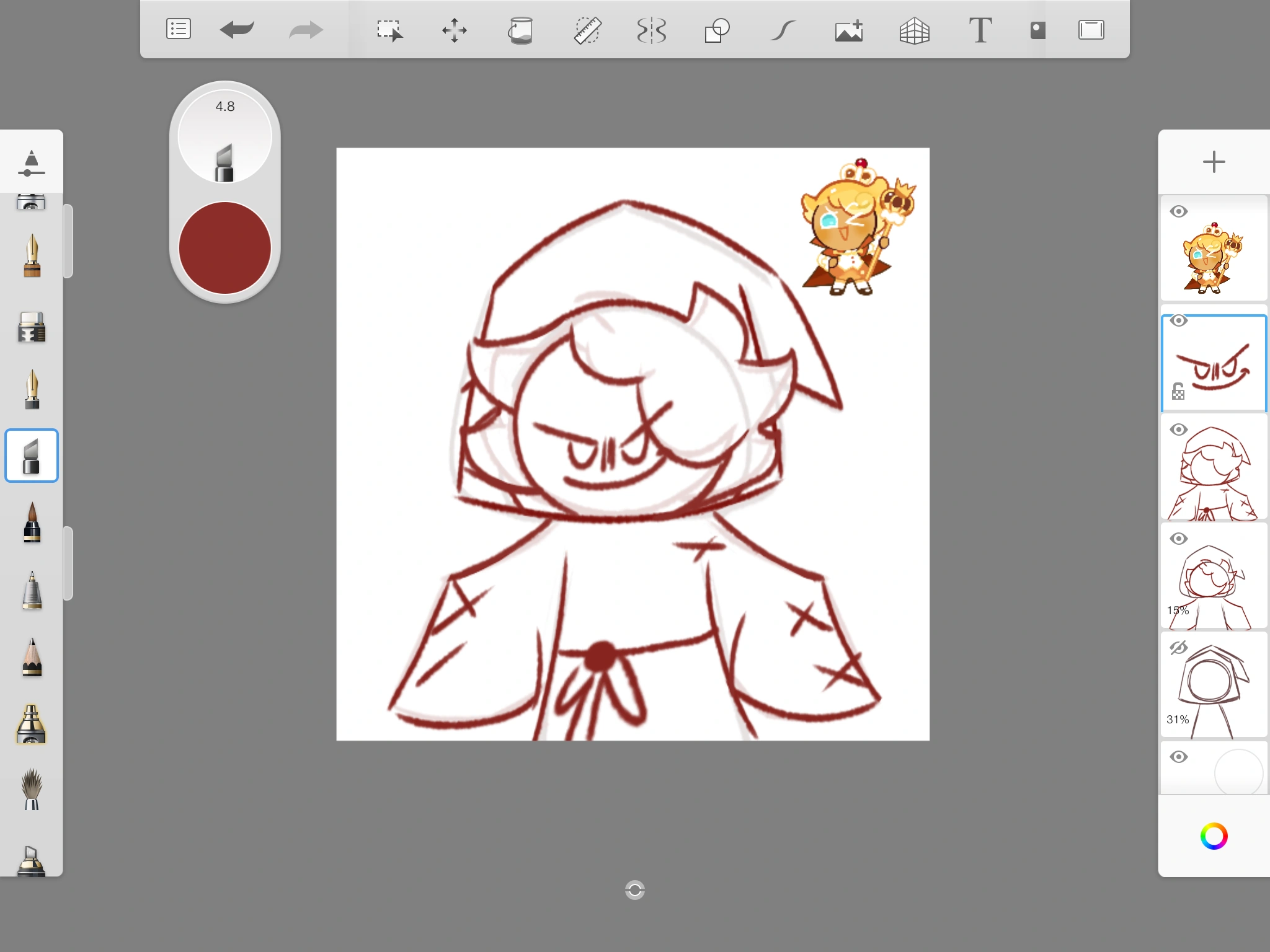 Drawing custard cookie in licorice cookie’s cloak thingy cuz I thought it would look cute (W.I.P