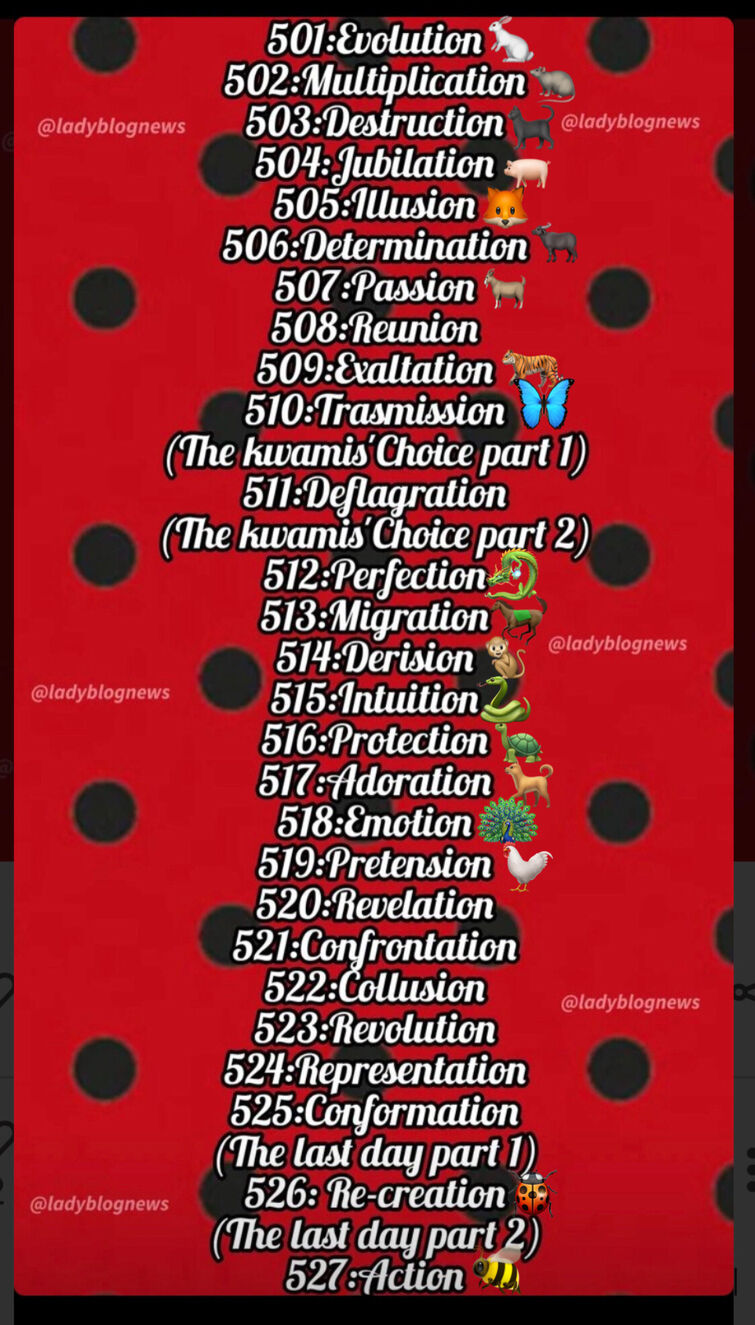 Miraculous Ladybug Blog on X: 🐞SEASON 5 OFFICIAL EPISODE TITLES LIST 🐞 -  There are 27 episodes - 2 part specials: 510 & 511 “The Kwamis' Choice” 525  & 526 “The Last