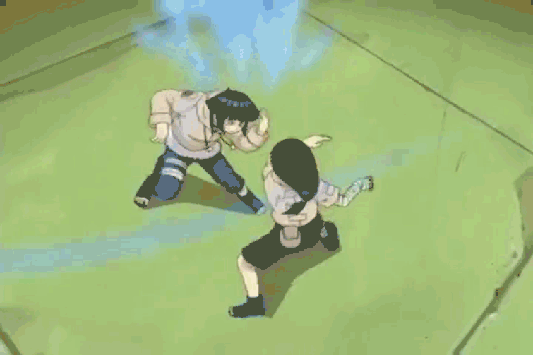 Neji defending and attacking with Gentle Fist technique