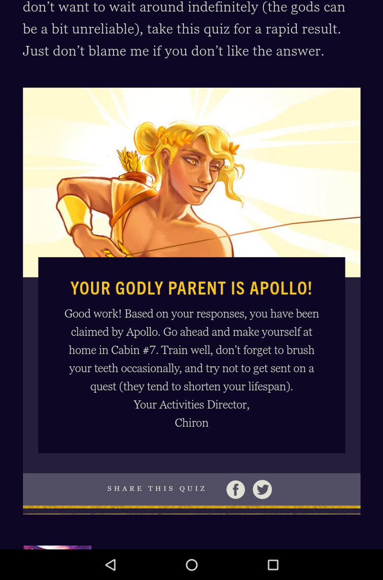 took a Greek god parent test and here's my results! It has a bunch of  interesting questions and includes the minor gods : r/camphalfblood
