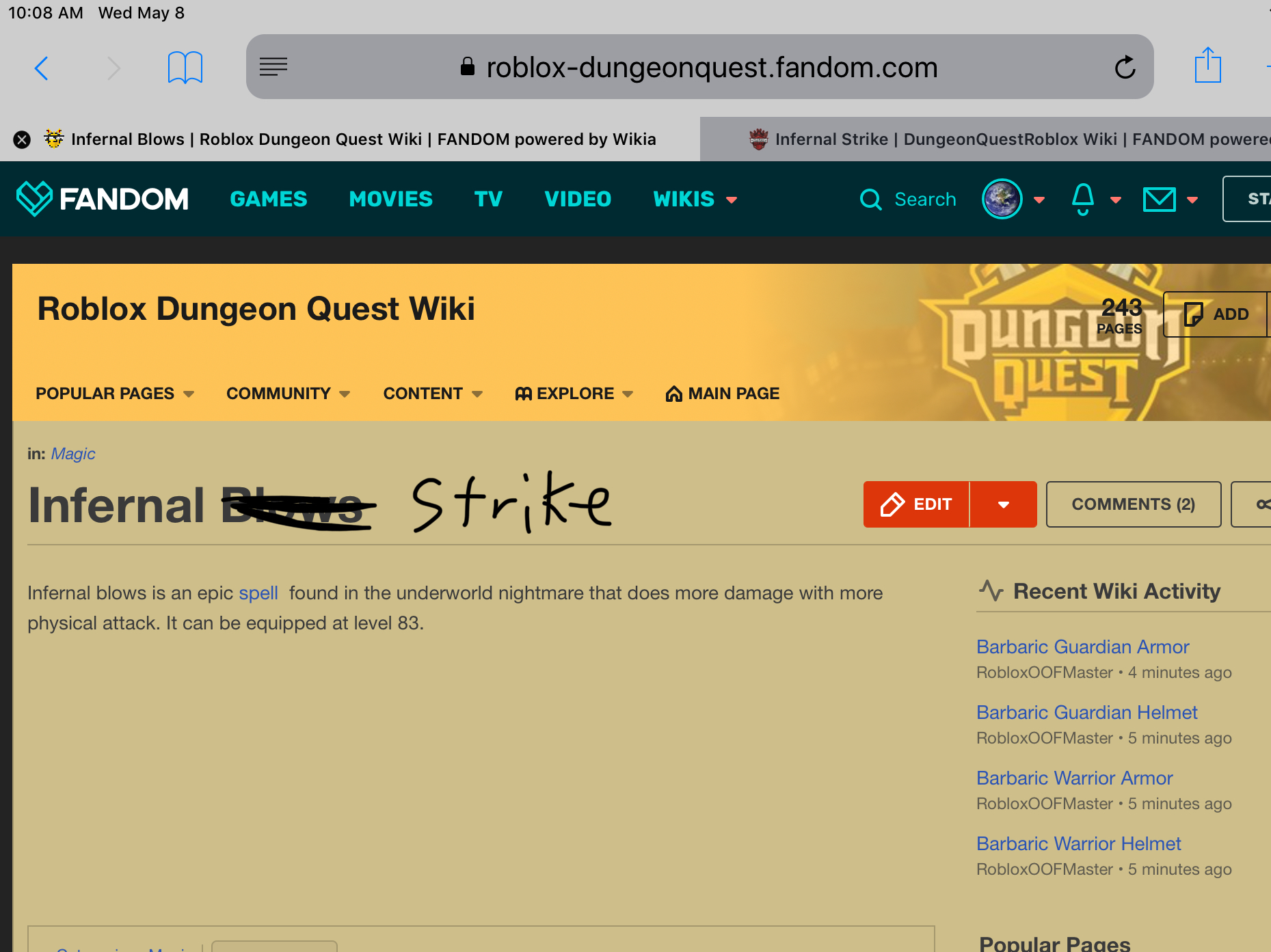 Discuss Everything About Roblox Dungeon Quest Wiki Fandom - wrong name it s infernal strike