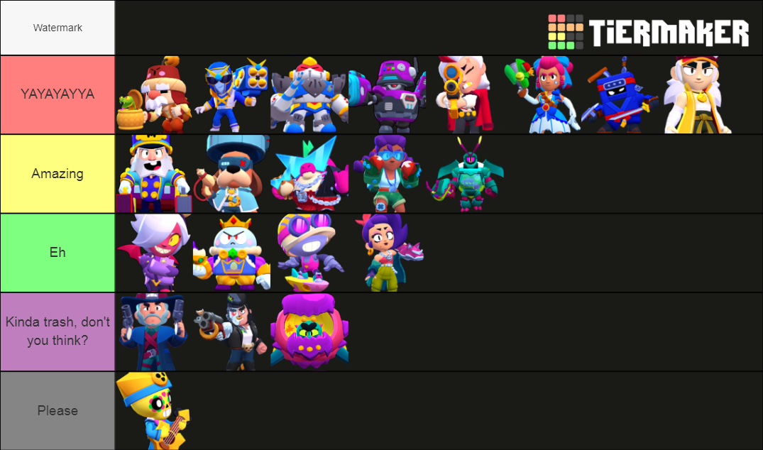 Tier list of how much I like each Brawl Pass skin - REUNION