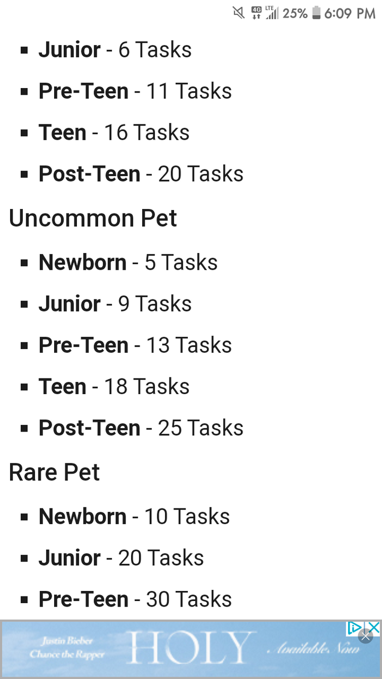 how many tasks does it take to age up a rare pet?