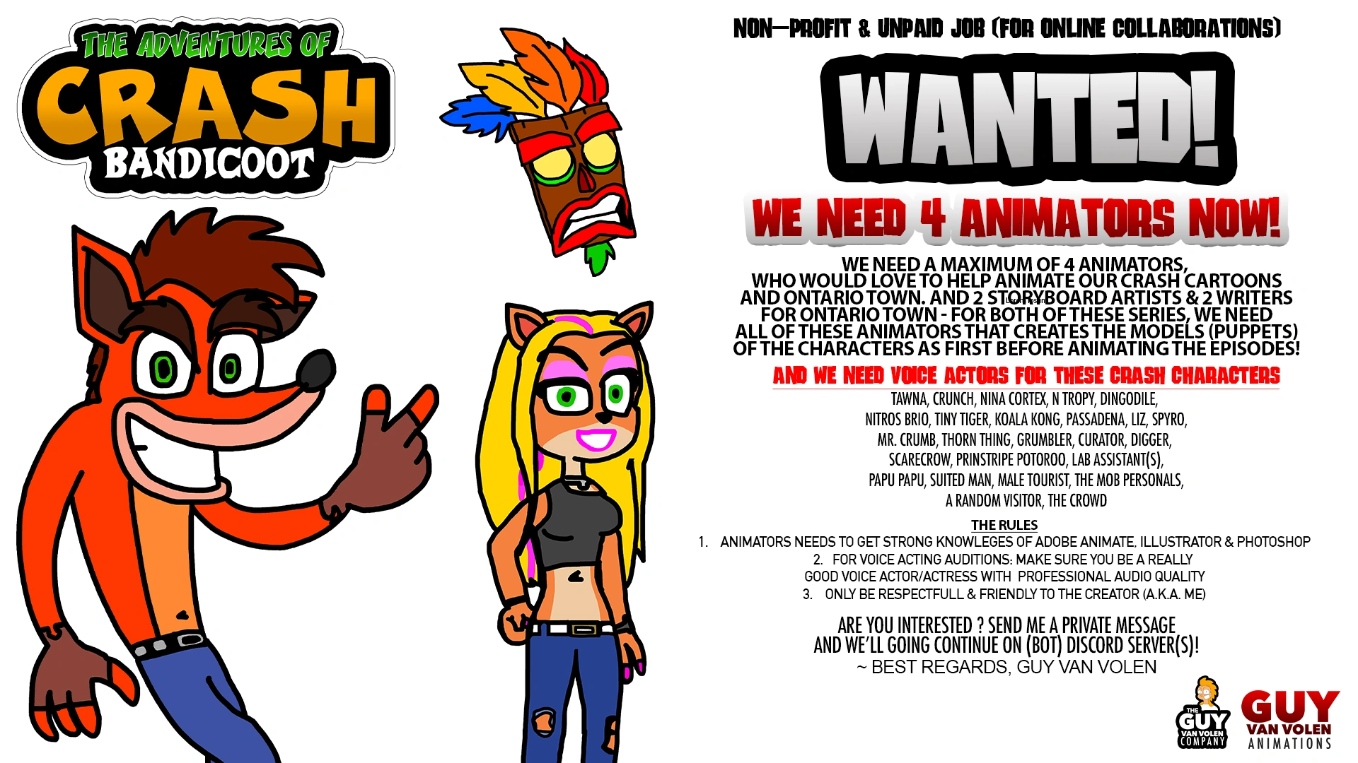 Auditions The Adventures of Crash Bandicoot (Animators & Voice Actors