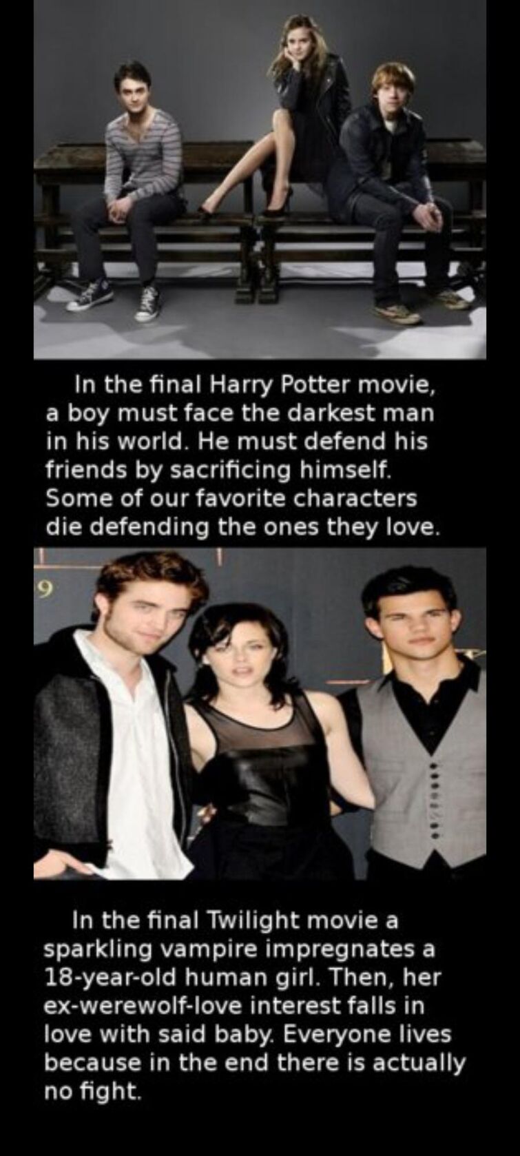 twilight/harry potter meme  Twilight funny, Twilight memes, Harry potter  vs twilight