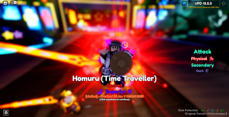 Showcasing Homuru (Time Traveller) new top 1 meta hybrid in anime  adventures wiki