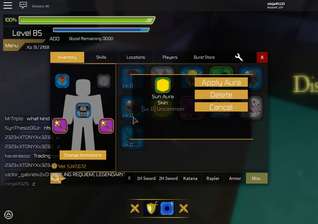 Trading Unrelease Sun Aura Fandom - swordburst legendary items sold for robux