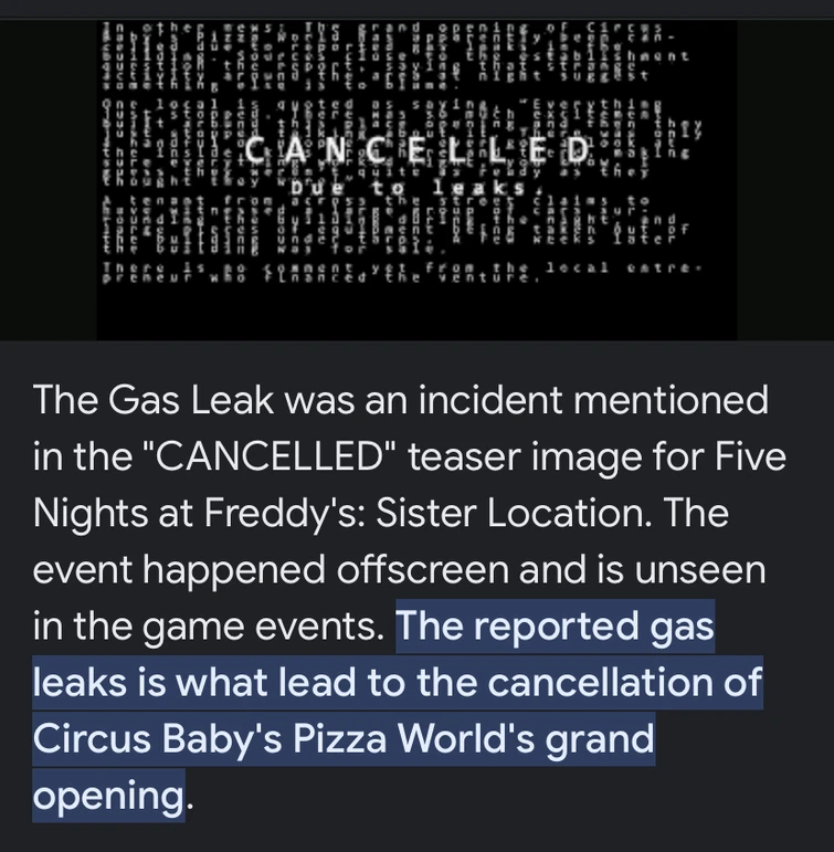 Canceled due to gas leaks. Fandom