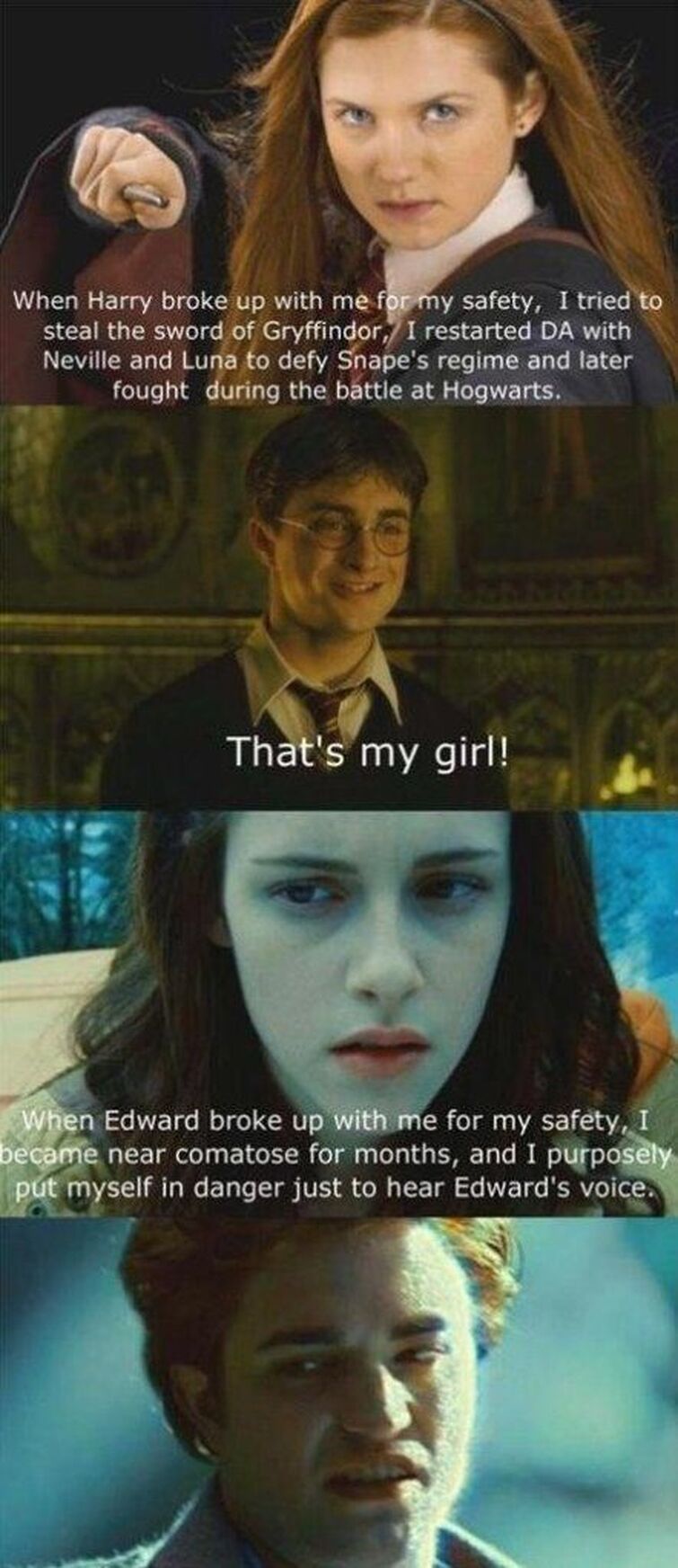 twilight/harry potter meme  Twilight funny, Twilight memes, Harry potter  vs twilight