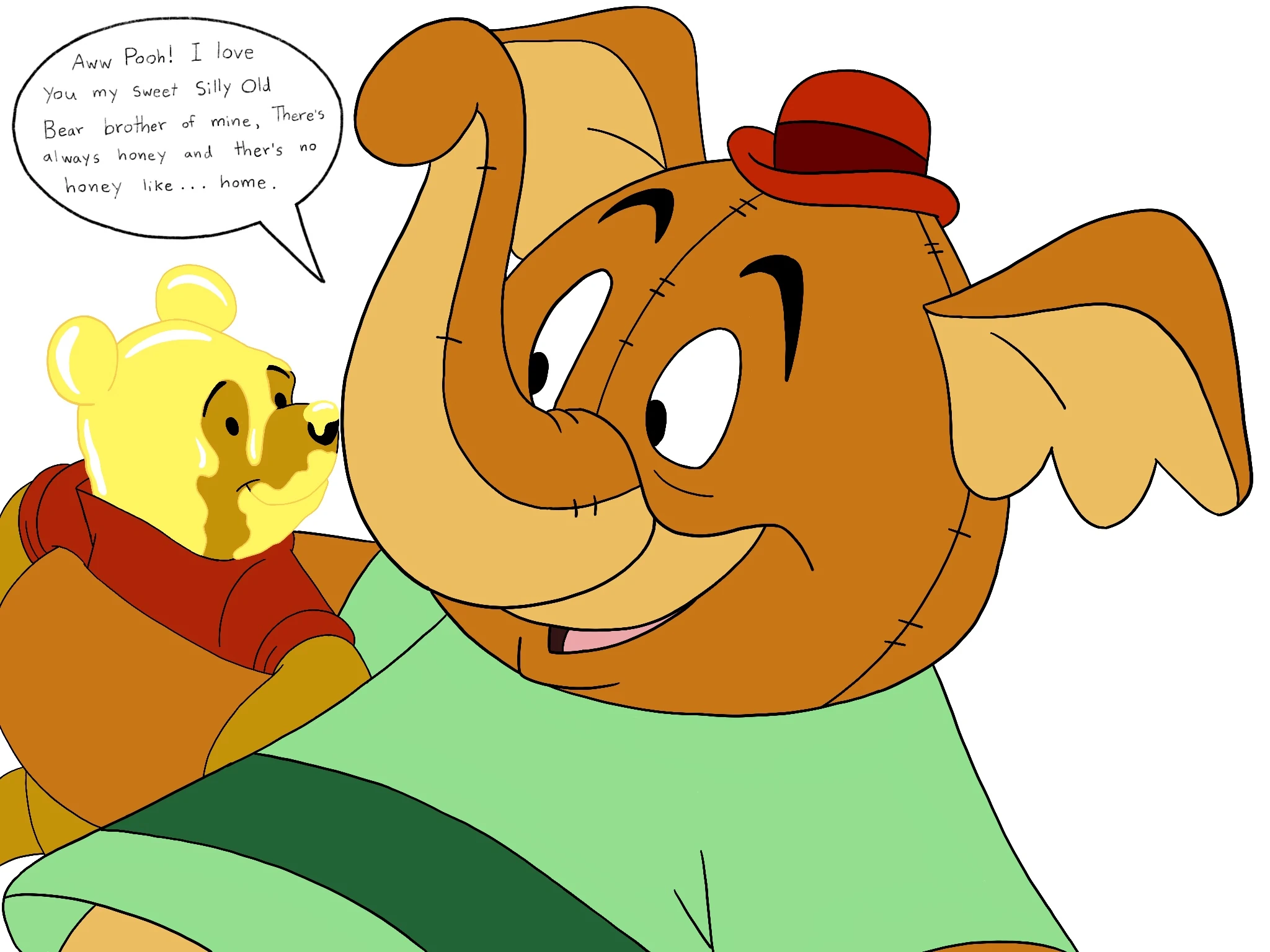 Papa Heffalump happily gives Pooh a big hug and loves honey with