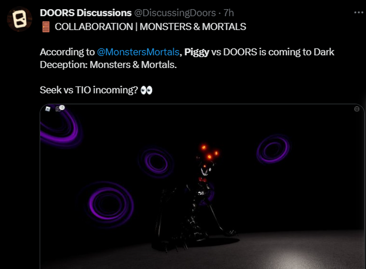 DOORS Discussions on X: 🚪 COLLAB  MONSTERS & MORTALS According to  @MonstersMortals, the characters and enemies that will appear in the DOORS  DLC are Screech, Seek, Glitch, Figure, Dupe, and Bob.