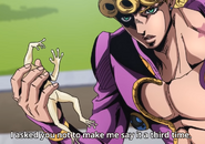 Giorno Giovanna using a frog as a shield from Leaky Eye Luca.