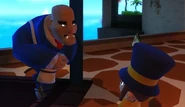 Hat kid talking to a Mafia Goon. (Note the early face textures. This model was used up to a few weeks before the release of the game.)