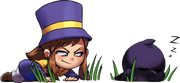 Hat Kid sneaking up on a sleeping crow